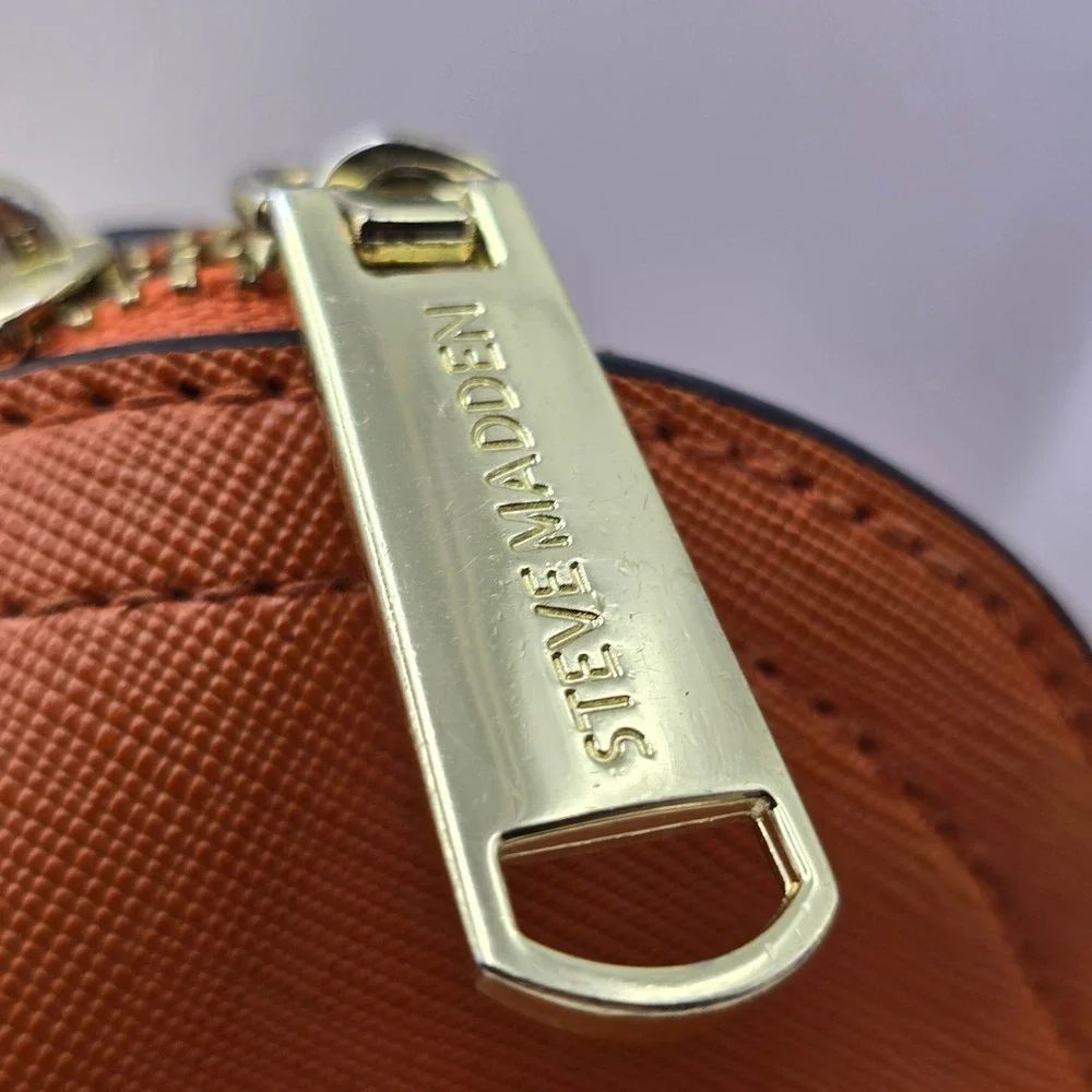 Steve Madden Cognac Saffiano Faux Leather Dome Crossbody Bag Gold Chain Strap